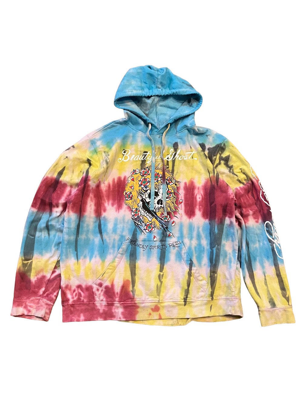 Ed Hardy 'Beautiful Shout' Tye Dye Pullover Hoodie Sz Large Blue Pink Yellow